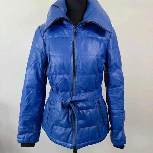 Danier Genuine Leather Belted Blue Puffer  Down Jacket - Picture 1 of 16